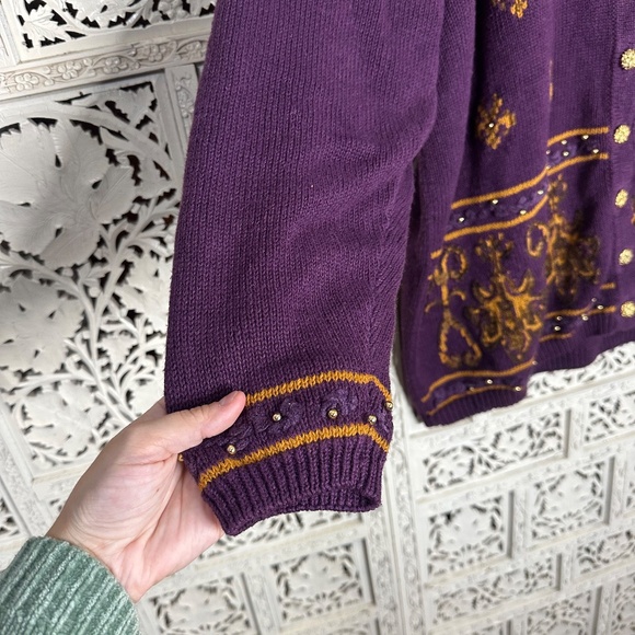 Vintage Maggie Lawrence Purple & Gold Grannycore Button Up Cardigan Sz 2X - Picture 4 of 8